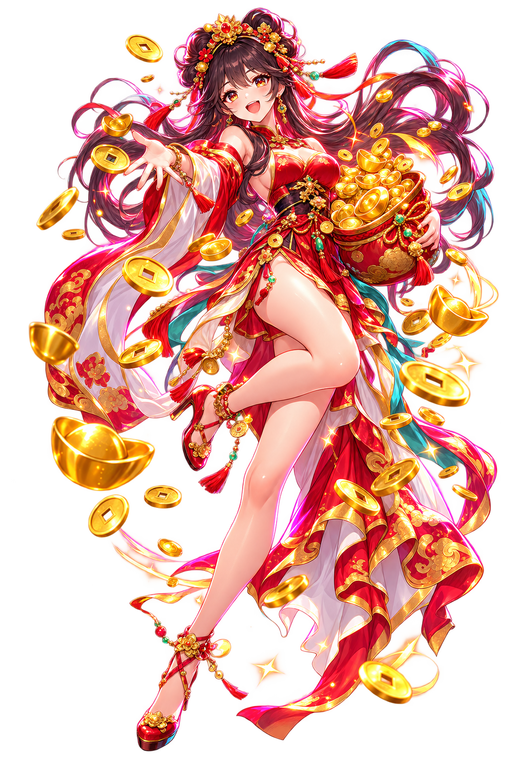 Mascote em estilo anime com jaqueta futurista, iluminada por neon vermelho e dourado diante de lanternas e um dragão estilizado.